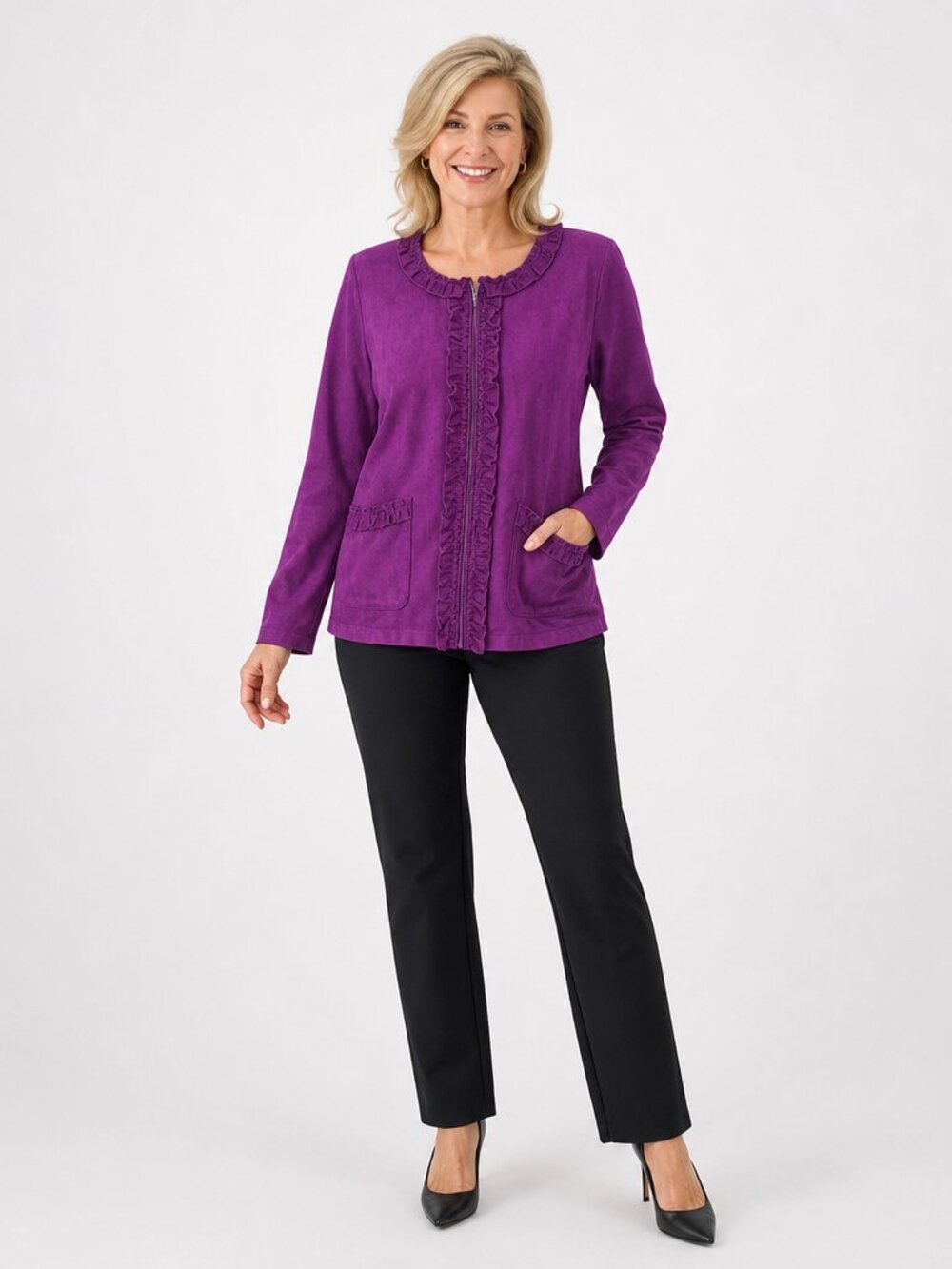 Susan Graver Faux Suede Ruffle Zip Jacket Plum Purple Quiet Luxury Romantic M